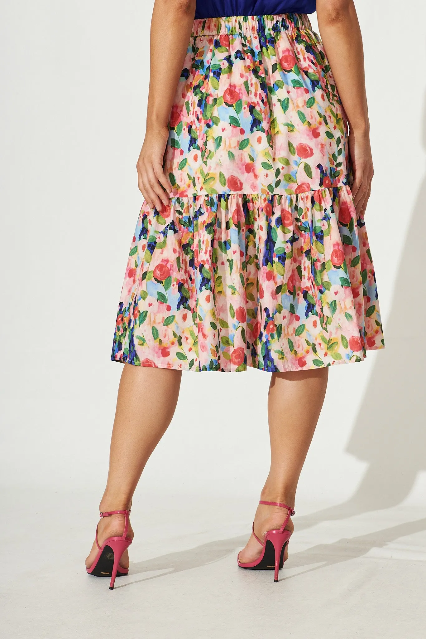 Paradise Midi Skirt In Pink With Multi Watercolour Floral Cotton sold by St Frock product image thumbnail 4
