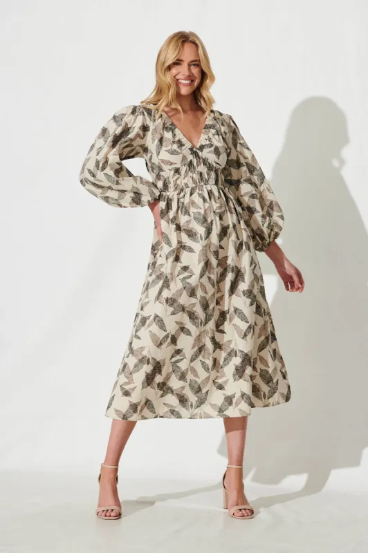 Tobago Midi Dress In Black Autumn Leaf Print Cotton Linen sold by St Frock