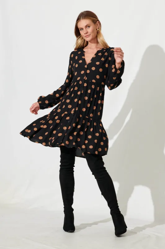 Garlinda Smock Dress In Black With Brown Spot sold by St Frock