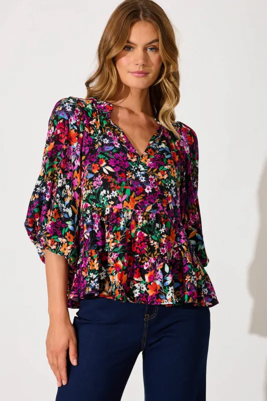 Talena Top In Black Multi Floral sold by St Frock