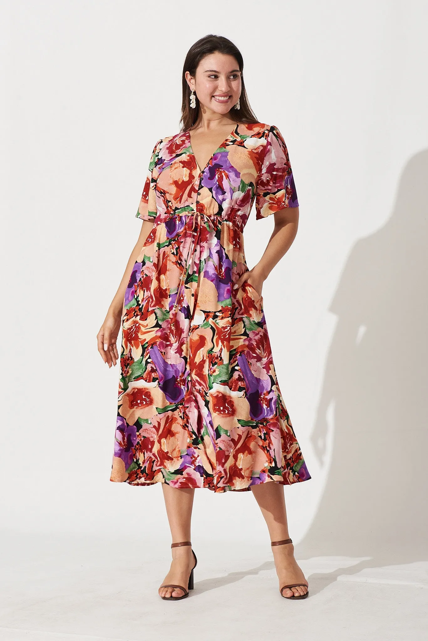 Melody Midi Dress In Pink With Purple Multi Floral sold by St Frock