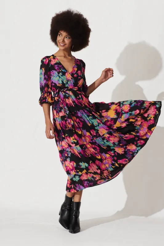 Kintan Midi Dress In Black With Pink Multi Print sold by St Frock