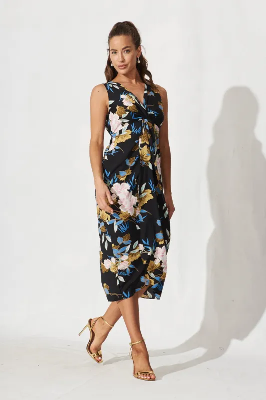 Annely Midi Dress In Black Floral Satin sold by St Frock
