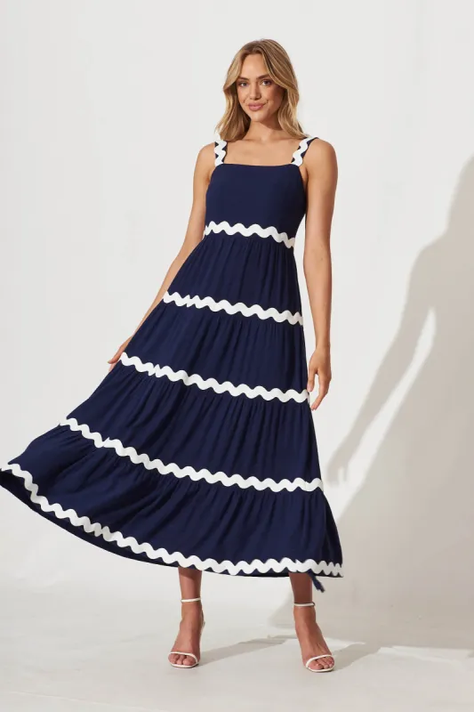 Bittersweet Maxi Dress In Navy And White Ric Rac Linen Blend sold by St Frock