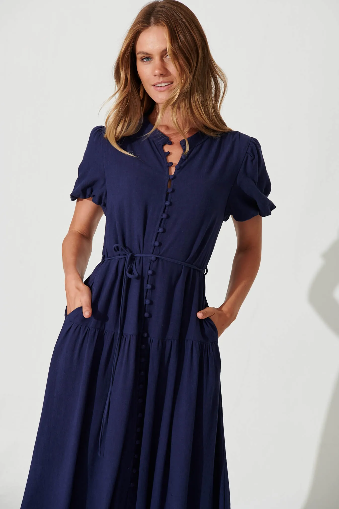 Everyday Midi Dress In Navy Linen Blend sold by St Frock product image thumbnail 2