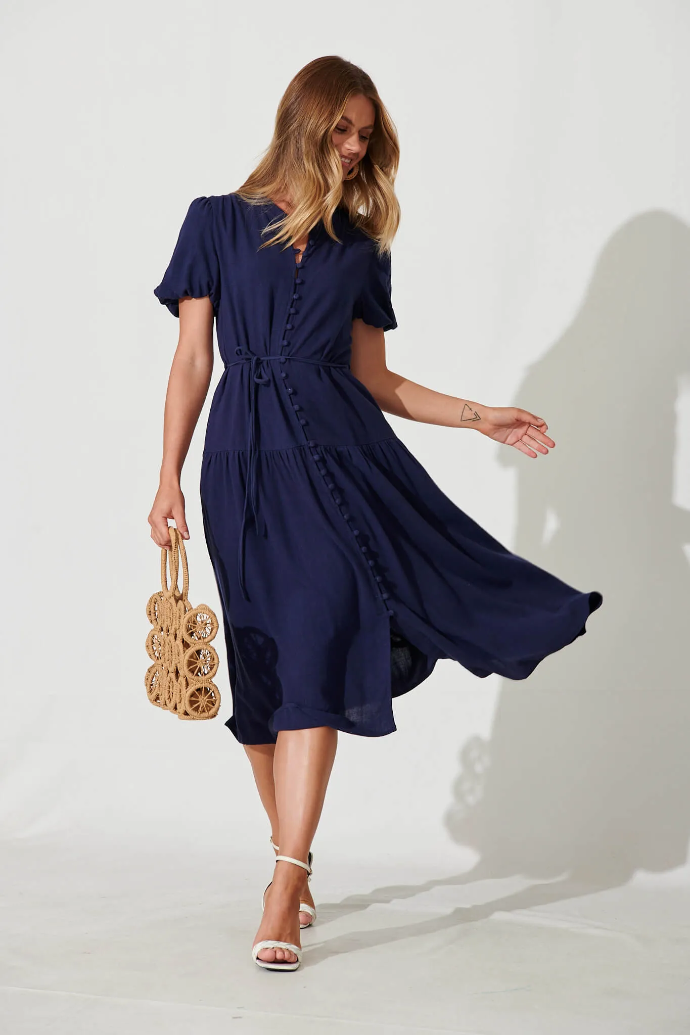 Everyday Midi Dress In Navy Linen Blend sold by St Frock