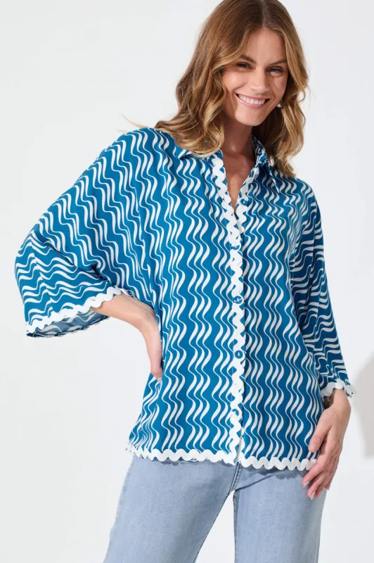 Olivia Shirt In Blue And White Print With Ric Rac Trim sold by St Frock
