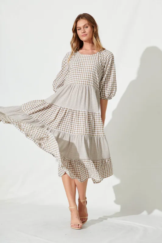 Kitty Midi Smock Dress In Beige Gingham Check sold by St Frock