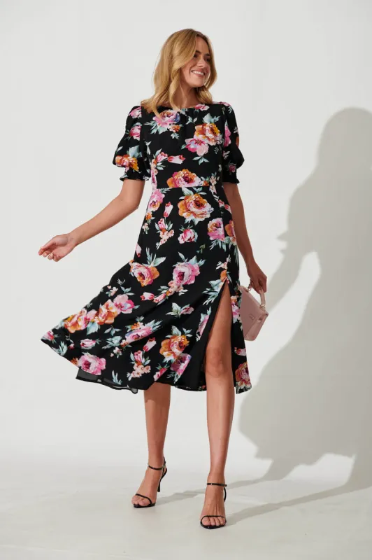 Letters Midi Dress In Black With Pink Flower Print sold by St Frock