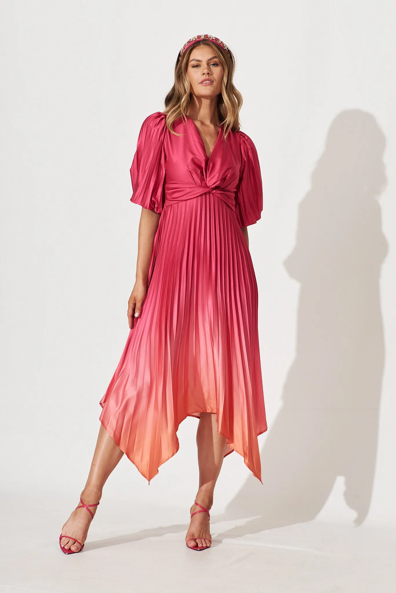 Florence Midi Dress In Hot Pink Ombre Pleated Satin sold by St Frock product image thumbnail 3