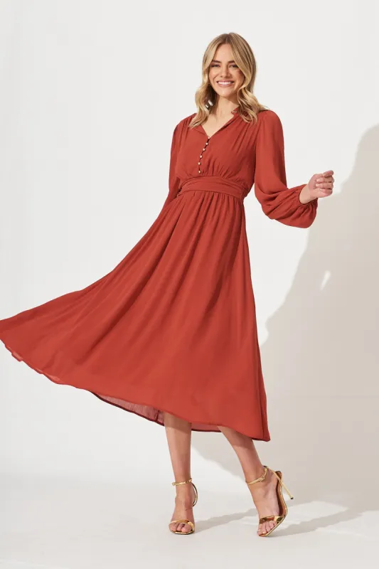 Lustre Midi Dress In Rust Chiffon sold by St Frock