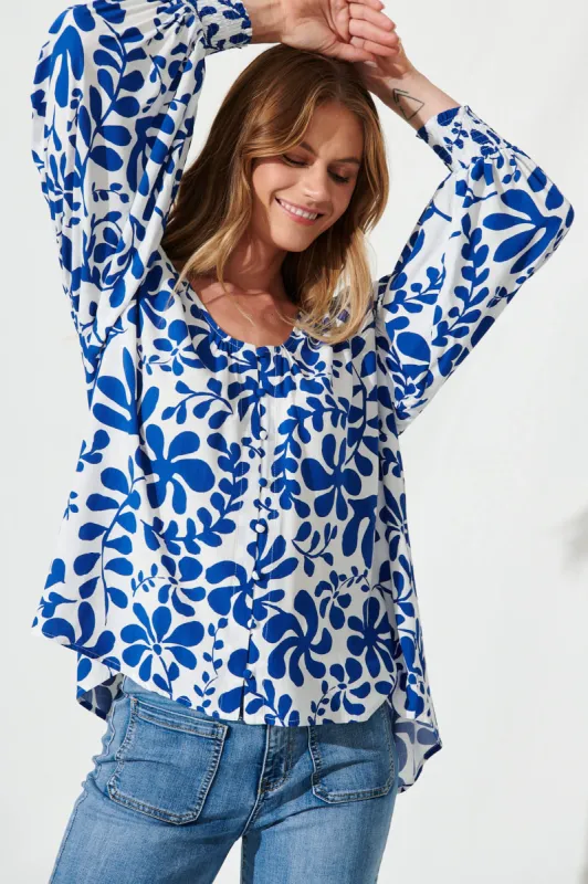 Hattie Top In White With Blue Print sold by St Frock