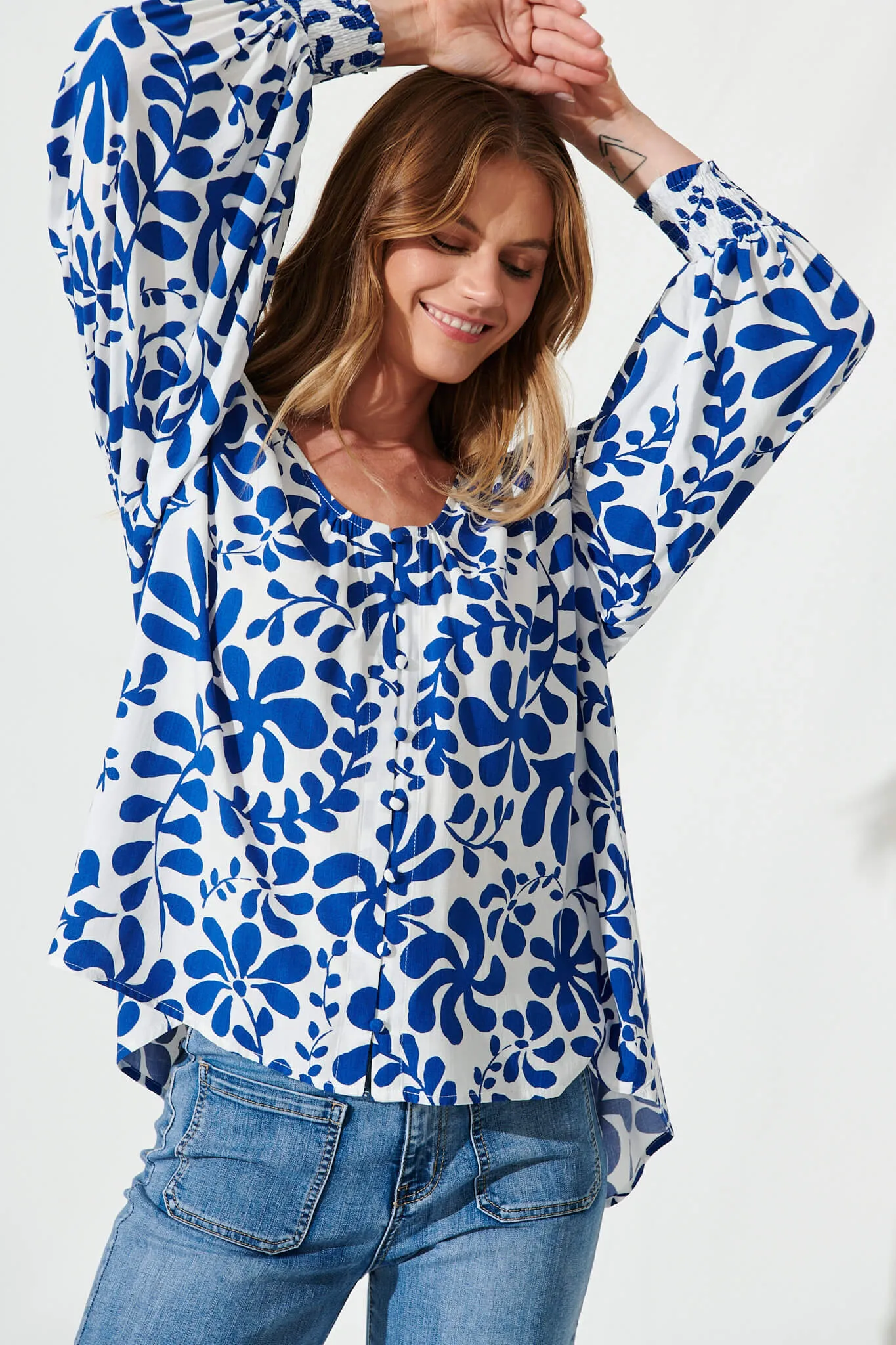 Hattie Top In White With Blue Print sold by St Frock