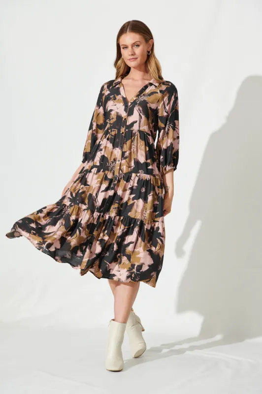 Marcella Midi Shirt Dress In Black Multi Print Cotton Blend sold by St Frock