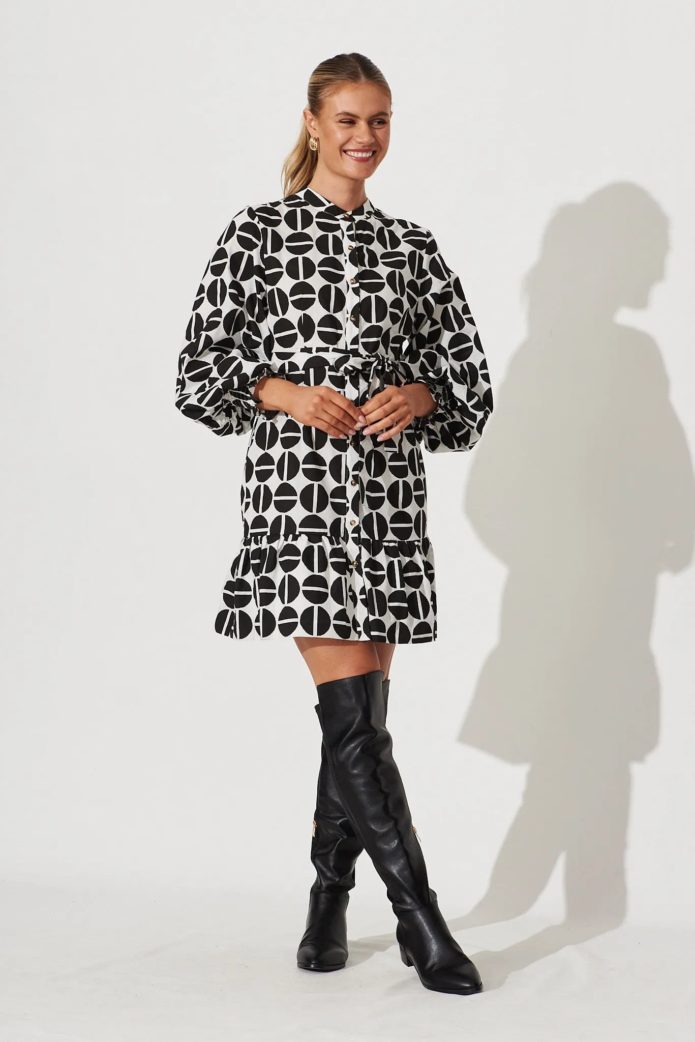 Pearl Bay Shirt Dress In Black With White Print Cotton Blend sold by St Frock