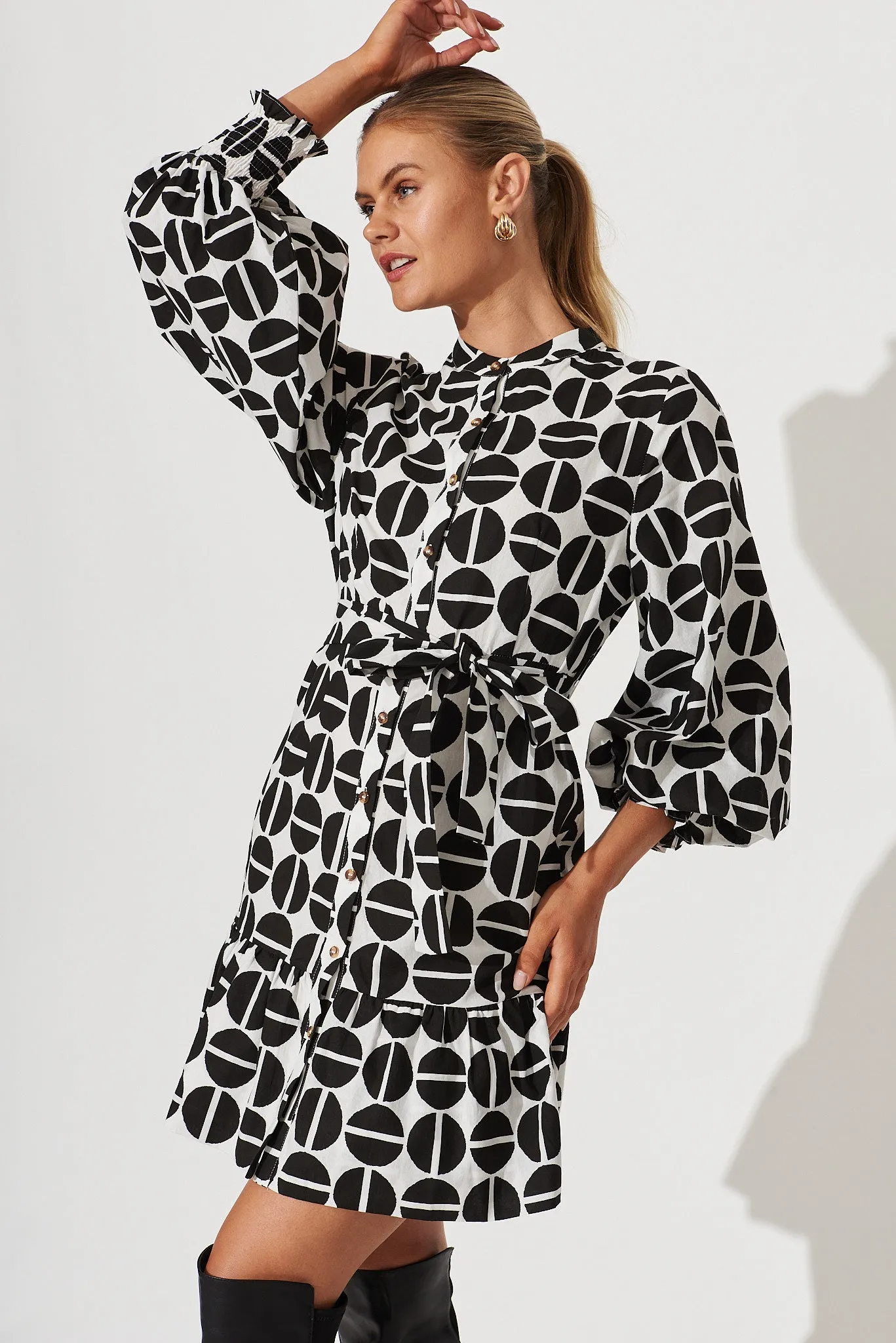 Pearl Bay Shirt Dress In Black With White Print Cotton Blend sold by St Frock product image thumbnail 2