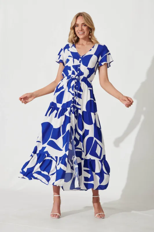 Clairie Maxi Dress In Cobalt With White Geometric Print sold by St Frock