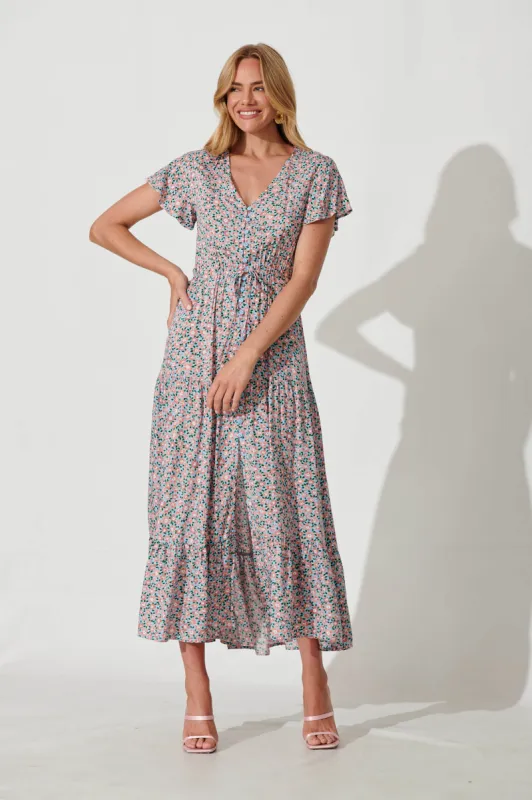 Clairie Maxi Dress In Sky Blue With Pink Ditsy Print sold by St Frock