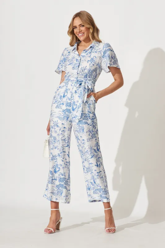 Niri Jumpsuit In White With Blue Print Linen Cotton Blend sold by St Frock