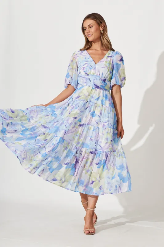 Celine Midi Dress In Blue With Green Watercolour Floral Print sold by St Frock