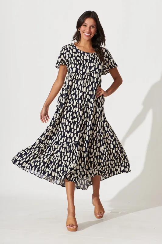 Louisiana Midi Smock Dress In Navy With Cream Print sold by St Frock