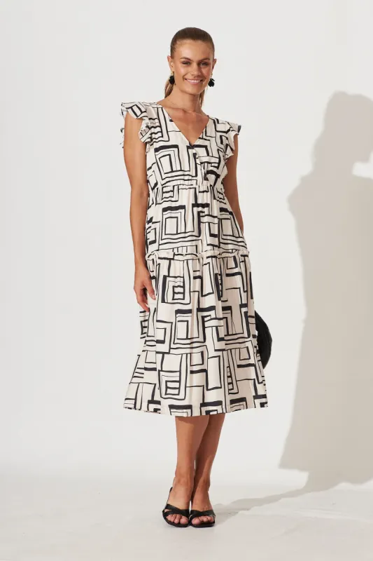 Bridget Midi Dress In Cream With Black Geometric Print Cotton Blend sold by St Frock