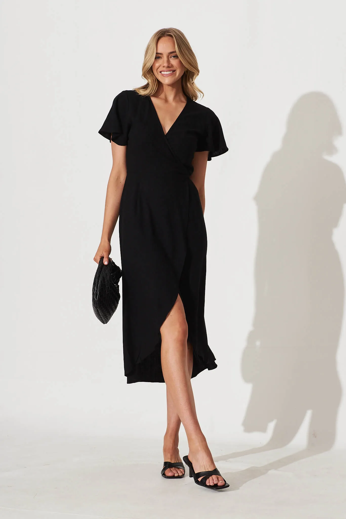 Cari Midi Wrap Dress In Black Linen sold by St Frock