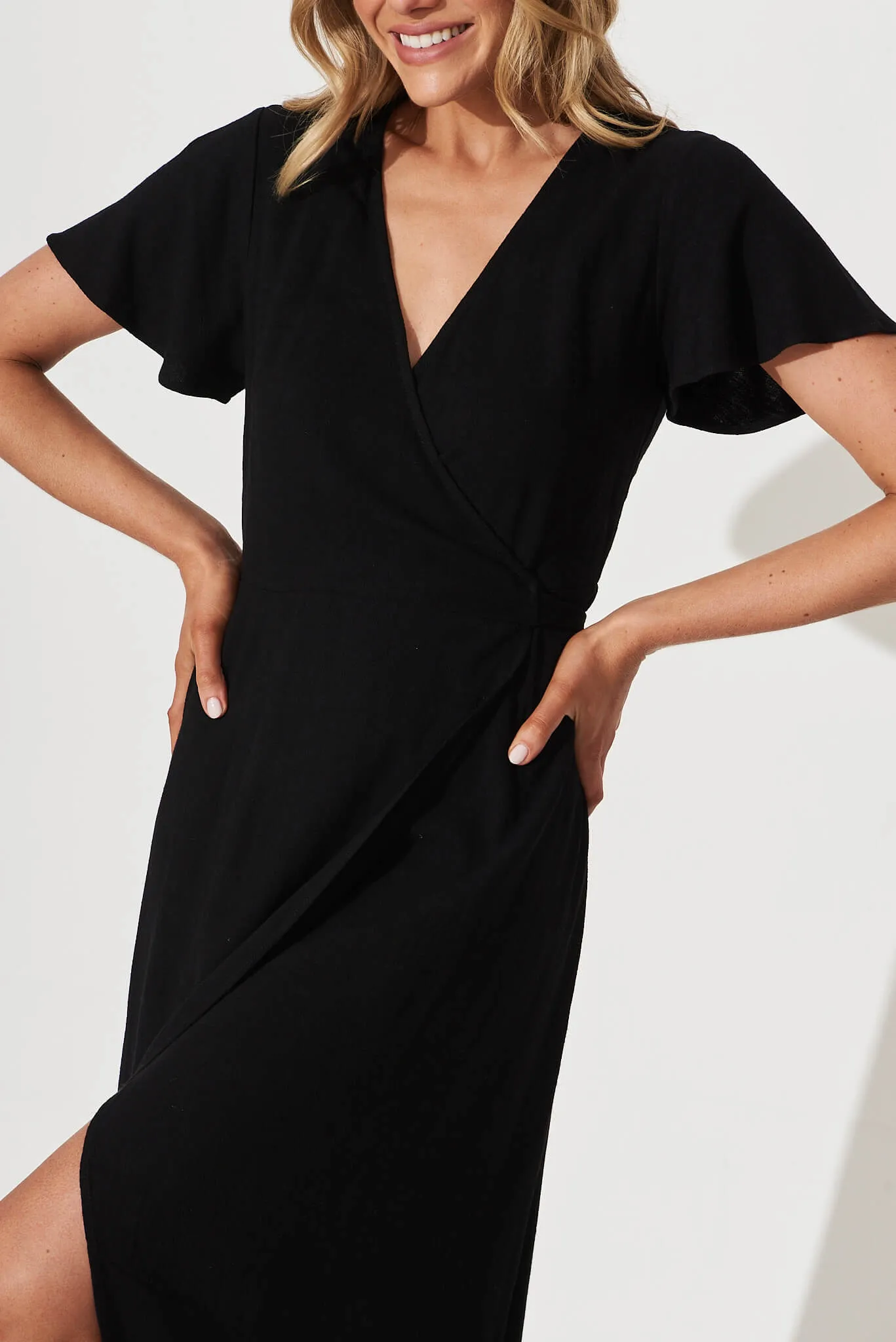 Cari Midi Wrap Dress In Black Linen sold by St Frock product image thumbnail 5