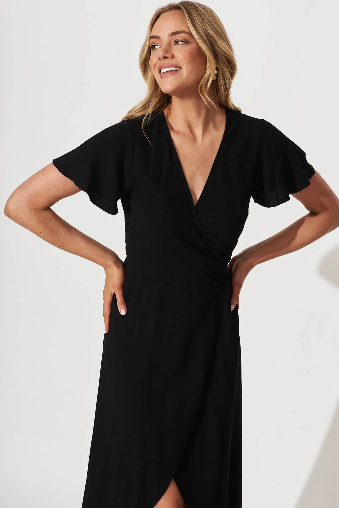 Cari Midi Wrap Dress In Black Linen sold by St Frock product image thumbnail 2