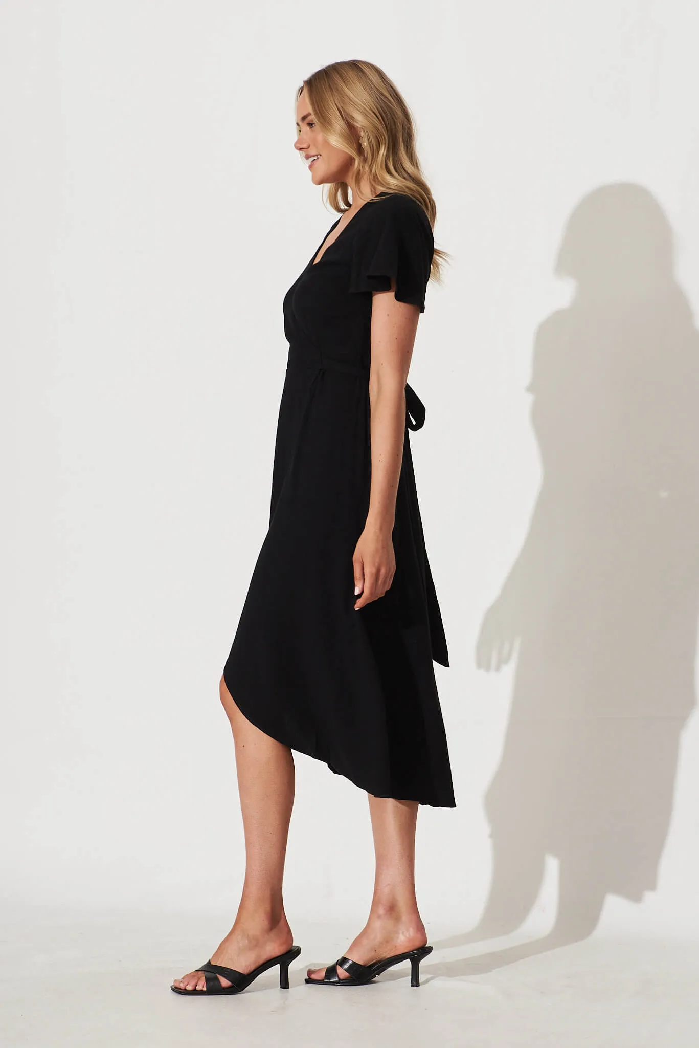 Cari Midi Wrap Dress In Black Linen sold by St Frock product image thumbnail 3