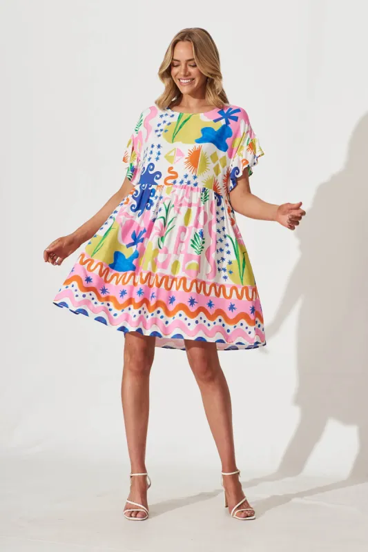 Escape Smock Dress In Bright Multi Print made by St Frock