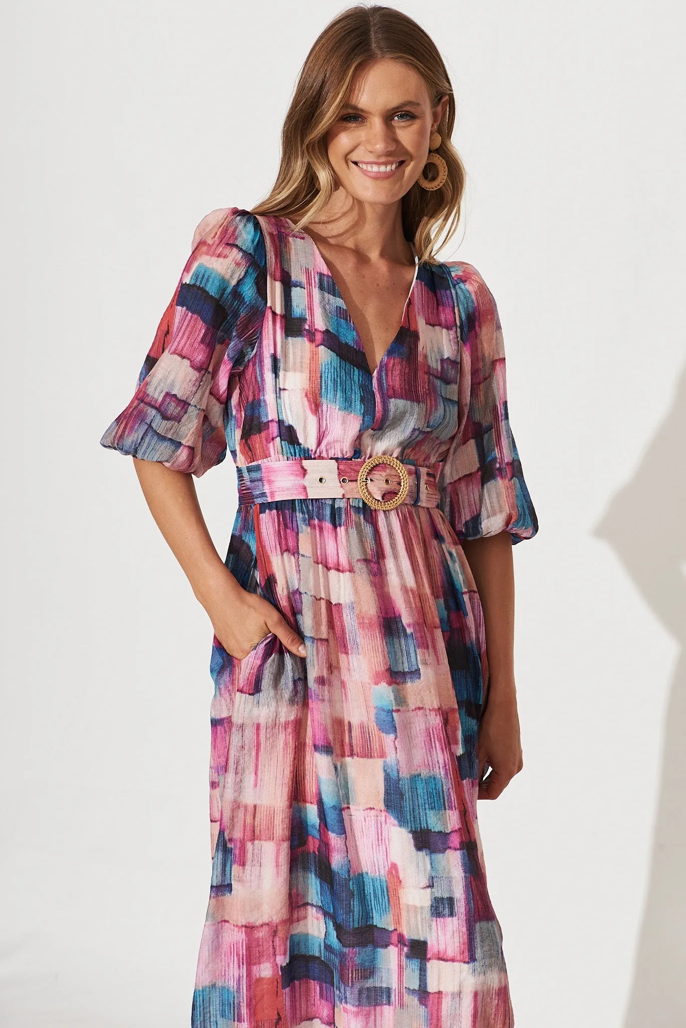 Adrina Maxi Dress In Purple With Blue Multi Print sold by St Frock product image thumbnail 2