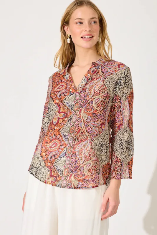 Camilla Top In Rust With Multi Paisley Print sold by St Frock