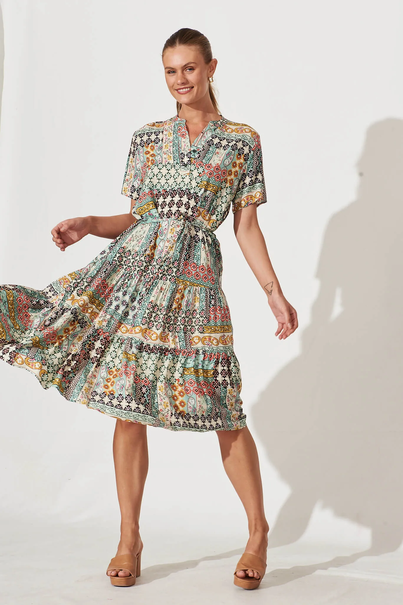 Sunbury Midi Dress In Sage Green Multi Patchwork sold by St Frock