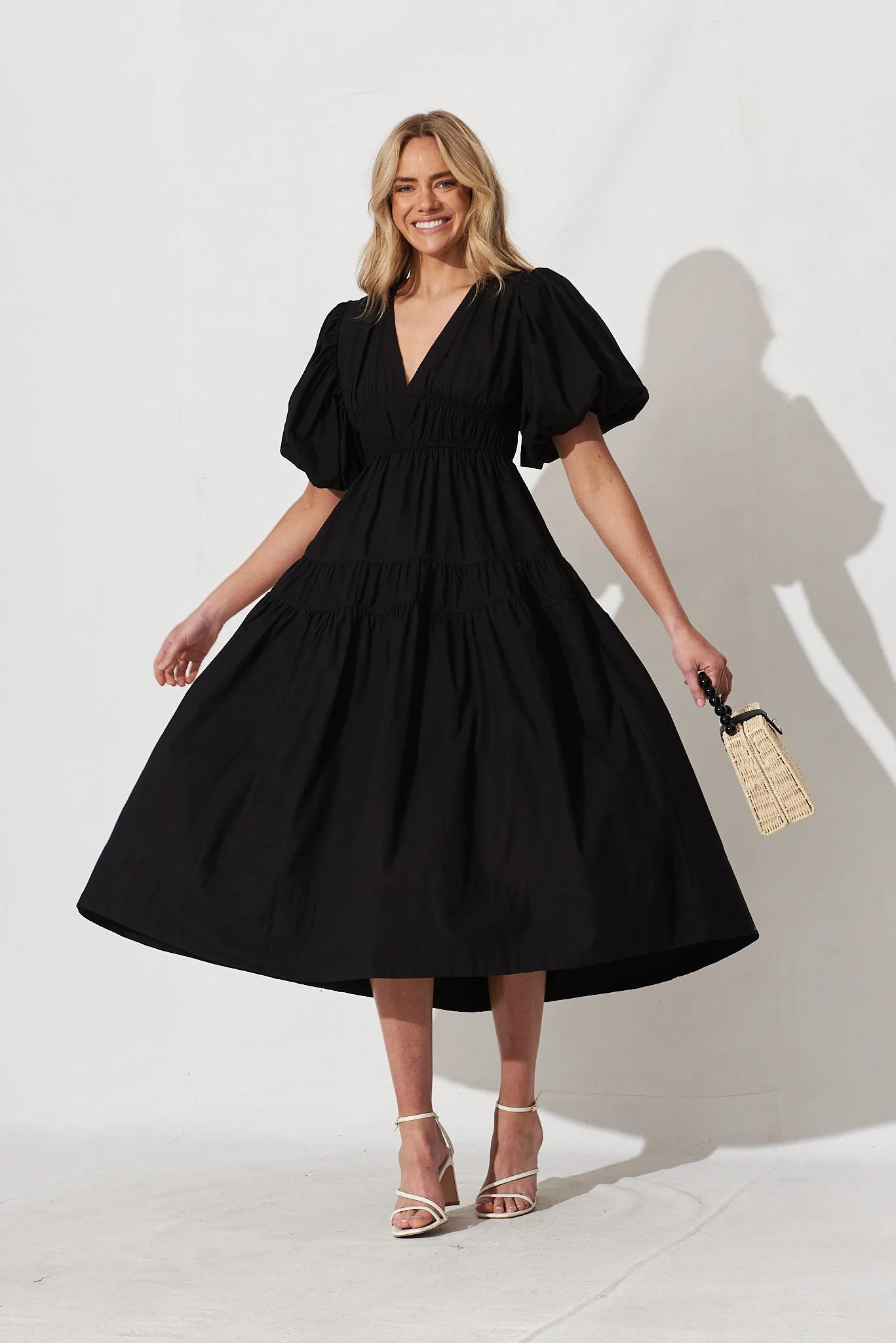 Amalie Midi Dress In Black Cotton sold by St Frock
