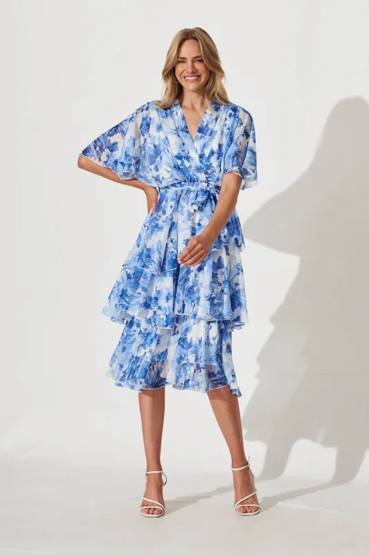 Mindy Midi Dress In Blue Watercolour Floral sold by St Frock