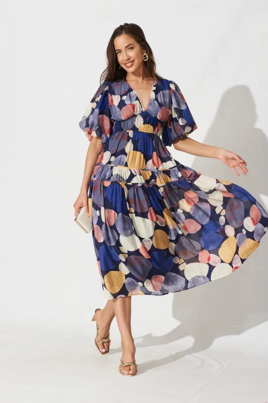 Amalie Midi Dress In Navy With Multi Print sold by St Frock