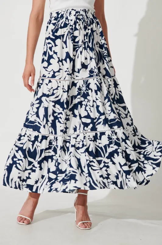 Freedom Maxi Skirt In Navy With White Floral Print sold by St Frock