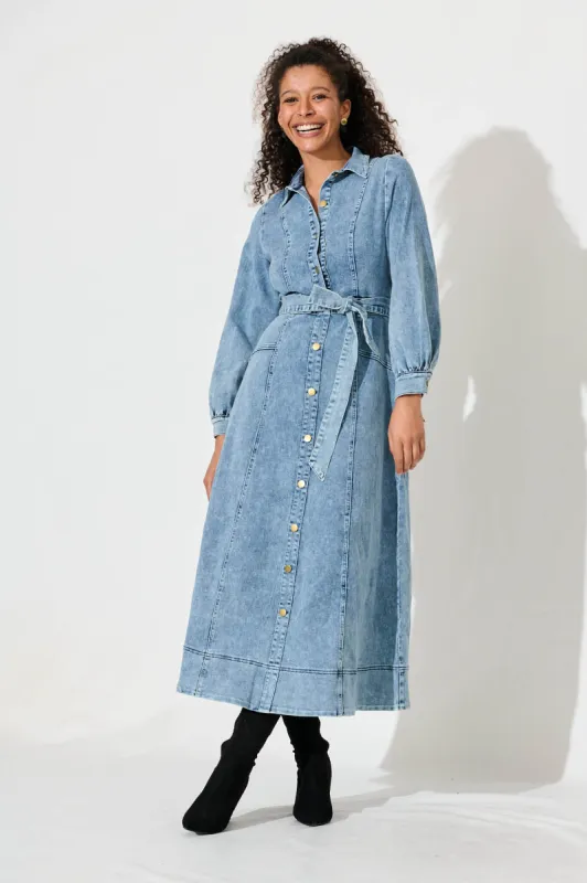 Palma Maxi Shirt Dress In Blue Wash Stretch Denim sold by St Frock