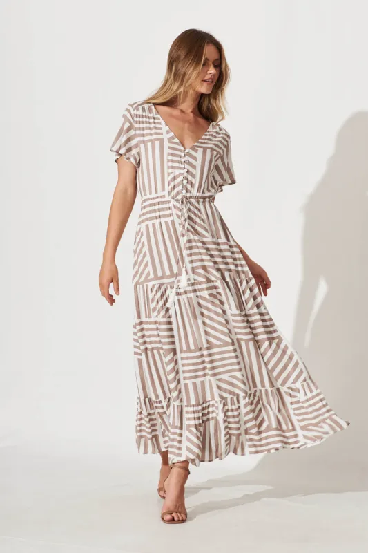 Yara Maxi Dress In Taupe And White Geo Print sold by St Frock