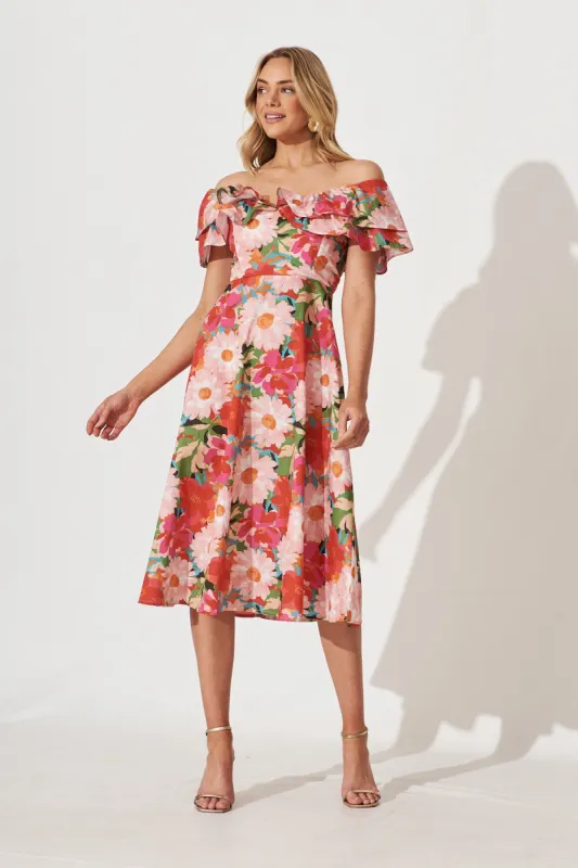 Love Story Midi Dress In Bright Multi Floral Cotton sold by St Frock