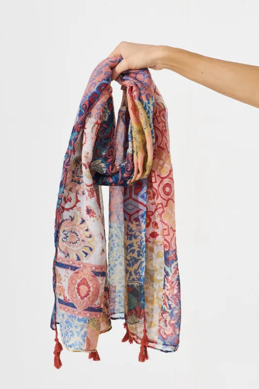 August + Delilah Wild Side Scarf In Multi Red Patchwork sold by St Frock