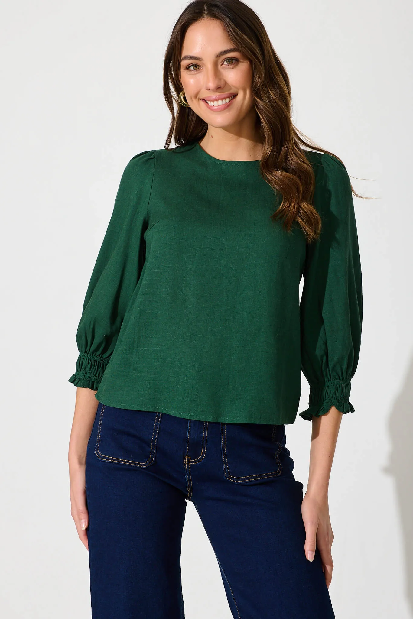 Lanie Top In Emerald Cotton Linen sold by St Frock