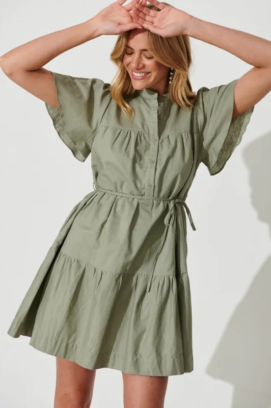 Darling Dress In Khaki Linen Cotton Blend sold by St Frock