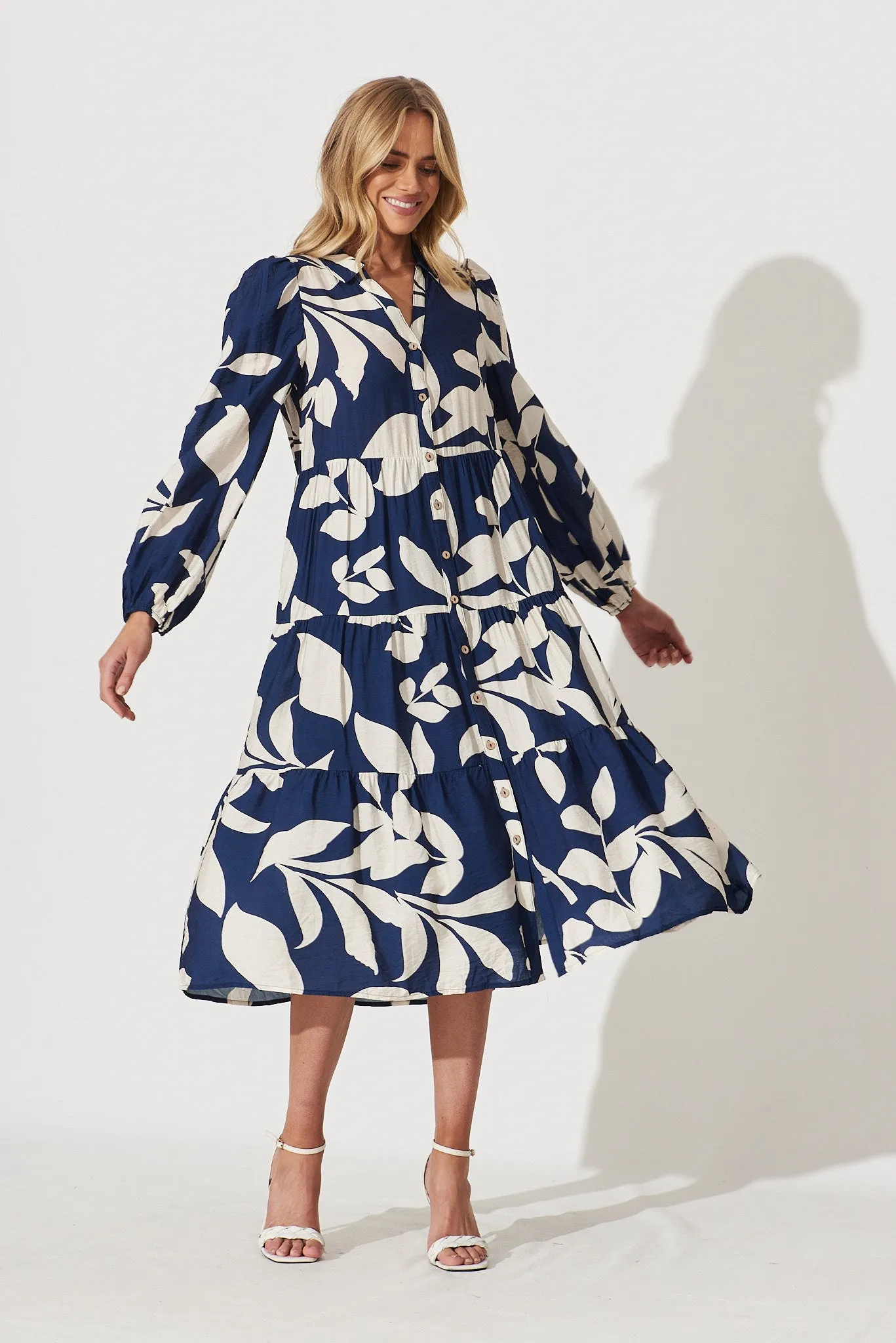 Bienne Midi Shirt Dress In Navy With Cream Leaf Print Cotton Blend sold by St Frock