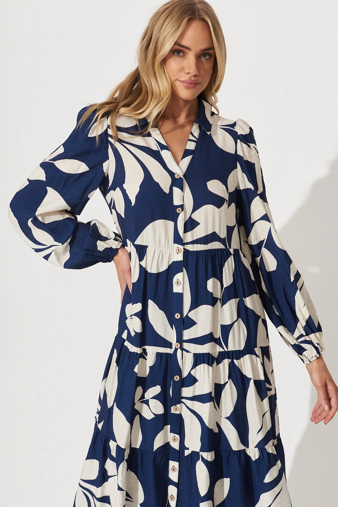 Bienne Midi Shirt Dress In Navy With Cream Leaf Print Cotton Blend sold by St Frock product image thumbnail 2