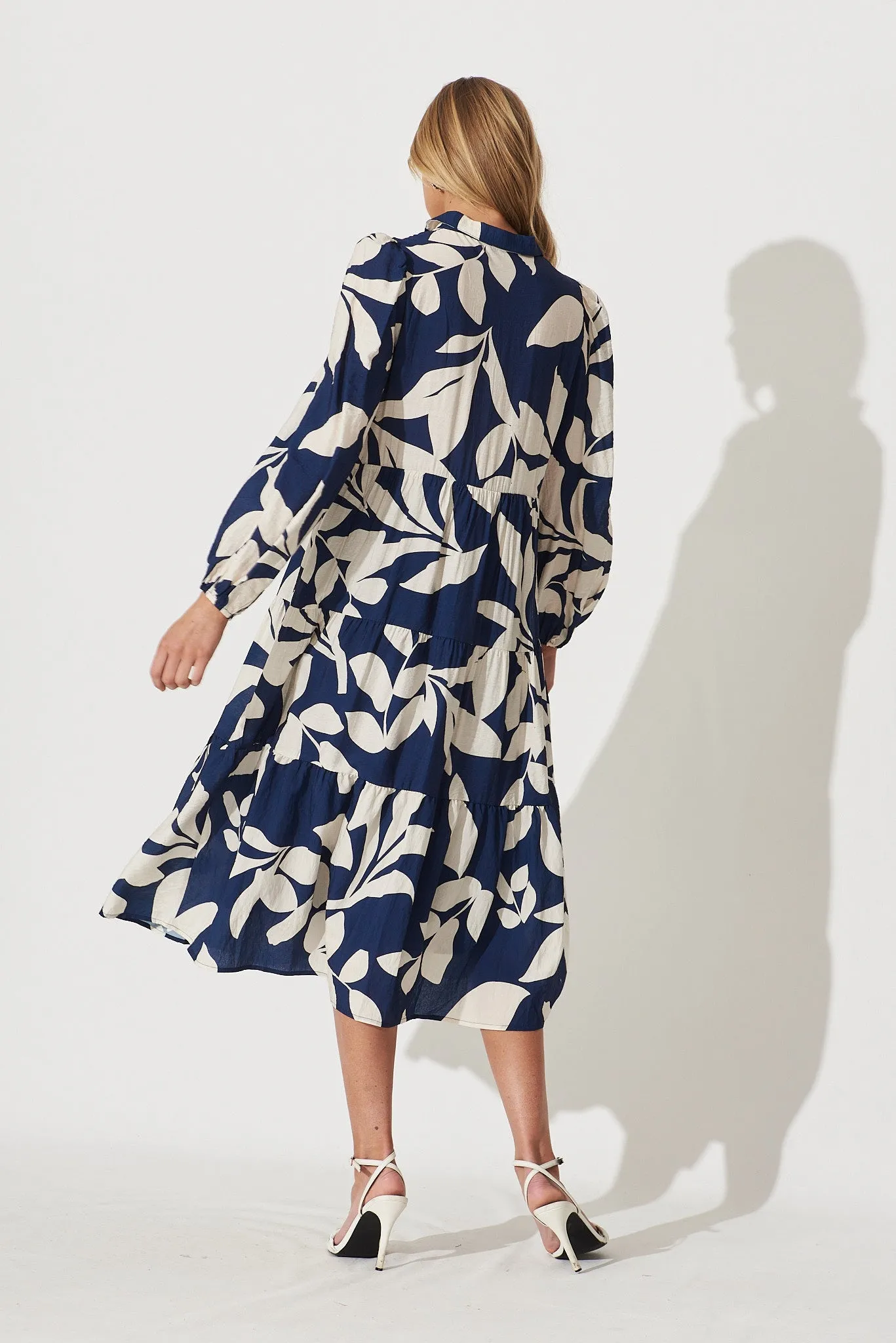 Bienne Midi Shirt Dress In Navy With Cream Leaf Print Cotton Blend sold by St Frock product image thumbnail 4