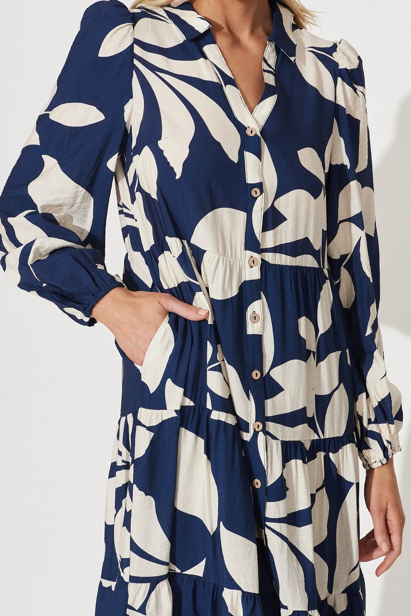 Bienne Midi Shirt Dress In Navy With Cream Leaf Print Cotton Blend sold by St Frock product image thumbnail 5