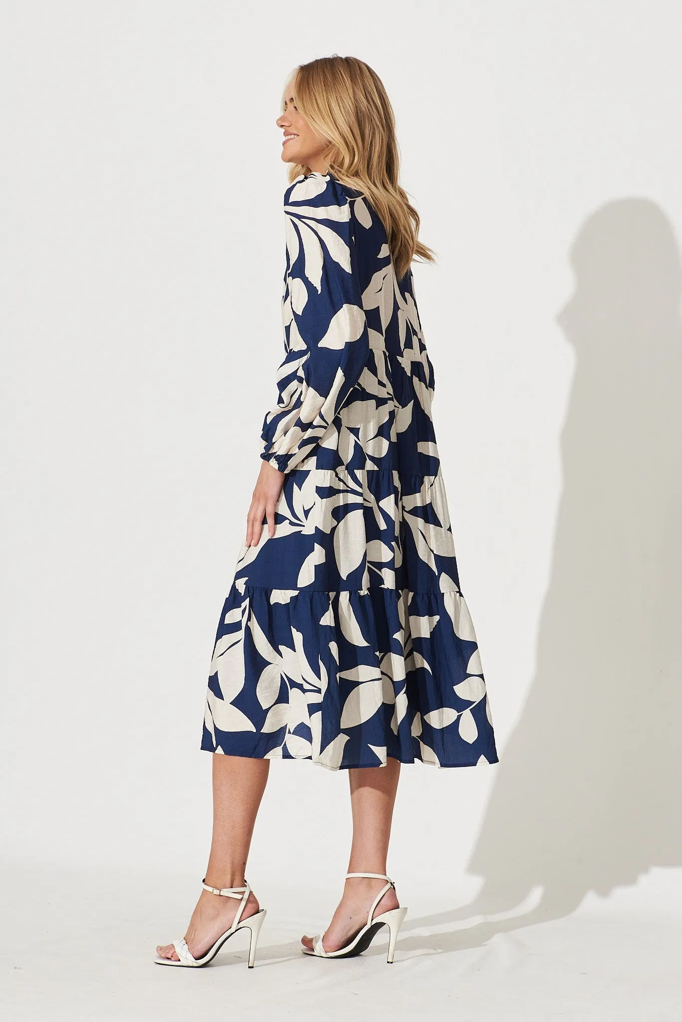 Bienne Midi Shirt Dress In Navy With Cream Leaf Print Cotton Blend sold by St Frock product image thumbnail 3