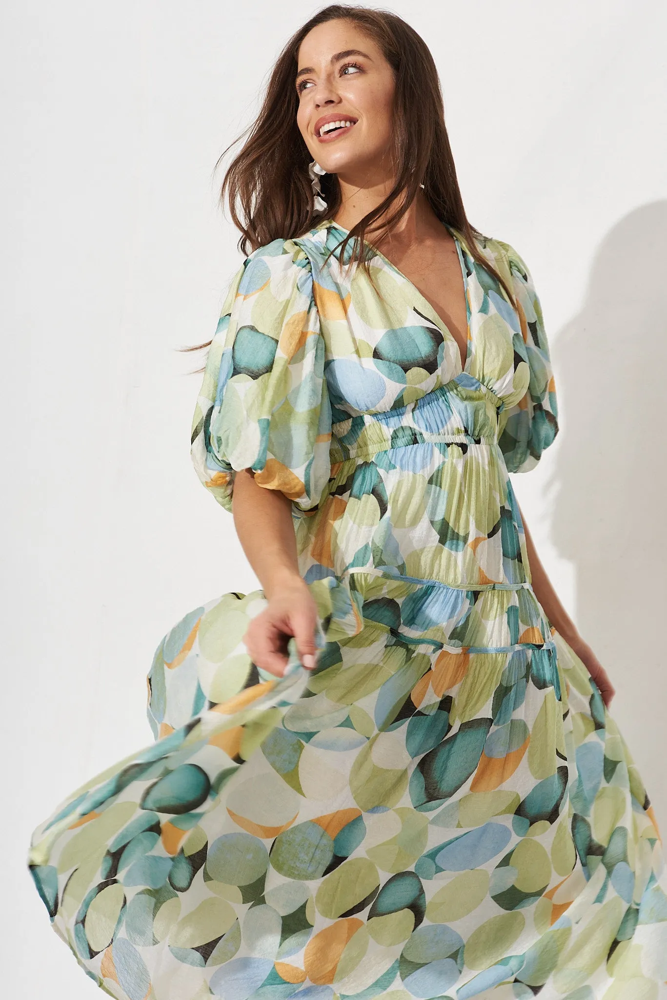 Amalie Midi Dress In Green And Blue Watercolour Print sold by St Frock product image thumbnail 2